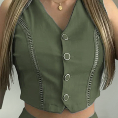 Two Piece Set Women Outfit 2024 Summer Hollow Out Buttoned V-Neck Sleeveless Crop Vest Top & Casual Pocket Daily Shorts Set