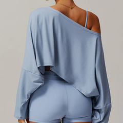 One-Shoulder Bat Sleeve Yoga Hoodie – Women's Casual Fitness Long Sleeve Top