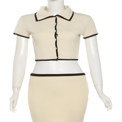 Women's Ribbed Striped Two-Piece Set – Button Top & Hip-Hugging Skirt | Sisterlinda Casual