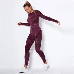 Women Sport Suit 2 Piece Fitness Tracksuit Set Gym Workout Clothes Long Sleeve Crop Top+High Waist Leggings Fitness Yoga Sets