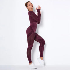 Women Sport Suit 2 Piece Fitness Tracksuit Set Gym Workout Clothes Long Sleeve Crop Top+High Waist Leggings Fitness Yoga Sets