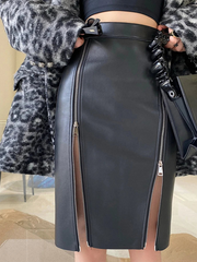 Lautaro Soft Black Pu Leather Midi Skirt Women with Double Slit Zipper High Waist Style Fashion Streetwear