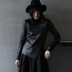 Dark Yamamoto Style Irregular Stand Collar Diagonal Zipper Faux Leather Sweatshirt Female Cool Black Gothic Jacket