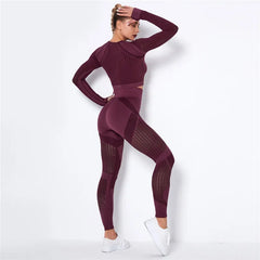 Women Sport Suit 2 Piece Fitness Tracksuit Set Gym Workout Clothes Long Sleeve Crop Top+High Waist Leggings Fitness Yoga Sets