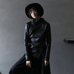 Dark Yamamoto Style Irregular Stand Collar Diagonal Zipper Faux Leather Sweatshirt Female Cool Black Gothic Jacket