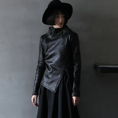 Dark Yamamoto Style Irregular Stand Collar Diagonal Zipper Faux Leather Sweatshirt Female Cool Black Gothic Jacket