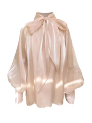 French Style Lantern Sleeve Shirt Women Turtleneck Ribbon Bowknot Shirt Streamer Organza Top Female