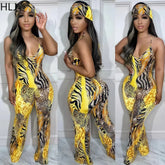 HLJ Sexy Leopard Print Bodycon Jumpsuits Women Thin Strap Sleeveless V Neck Wide Leg Pants Playsuit Female Overall With Scarf
