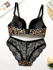 Women's 2-Piece Leopard Print Lace Underwear Set – Seamless Design with Steel Ring Bra