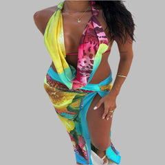 Weird Puss Colorful Leopard Women 2 Piece Set Beach Vacation Halter Tank Tops+Wrapped Maxi Skirts Matching Vacation Clubwear