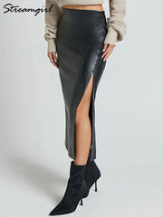 Long Black Leather Skirt With Slit For Women Slim High Waist Bege Office PU Skirts Zipper Women Brown Maxi Skirt Leather Bodycon