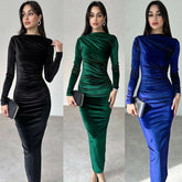2025 Spring Summer Velvet Long Sleeve Midi Dress For Women Ruched Long Dress Elegant Party Clothes Evening Green Outfits