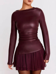 Women's Y2K PU Leather Long Sleeve Top – Slim Fit, Elegant Folded Design, Sexy Autumn/Winter Fashion Shirt