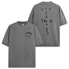 American Hip Hop Travis Scott Printed Washed Short Sleeve T-Shirt Men's and Women's Loose Crew Neck Band Cotton Top