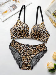 Women's 2-Piece Leopard Print Lace Underwear Set – Seamless Design with Steel Ring Bra