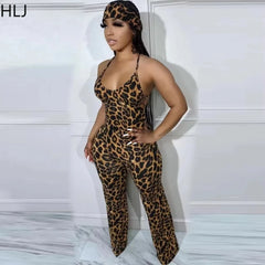 HLJ Sexy Leopard Print Bodycon Jumpsuits Women Thin Strap Sleeveless V Neck Wide Leg Pants Playsuit Female Overall With Scarf