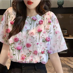 Ladies Casual Fashion Loose Simplicity Elegant Trendtemperament O-neck Printing Short New Style pullover top tee