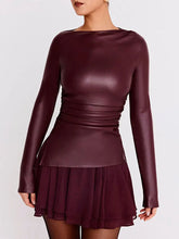 Women's Y2K PU Leather Long Sleeve Top – Slim Fit, Elegant Folded Design, Sexy Autumn/Winter Fashion Shirt