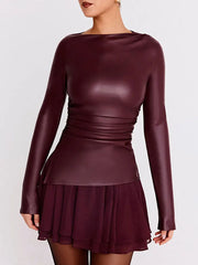 Women's Y2K PU Leather Long Sleeve Top – Slim Fit, Elegant Folded Design, Sexy Autumn/Winter Fashion Shirt