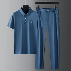 Simplicity Casual Solid Ice Silk New Men's Lapel Button Pockets Loose Short Sleeve Tops Trend Elastic Waist Pants Sets