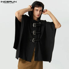 2025 Men Cloak Coats Solid Color Hooded Button Irregular Trench Ponchos Streetwear Loose Fashion Casual Male Cape S-5XL INCERUN