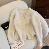 Women Off White V-Neck Cardigan Sweater Style Long Sleeves Solid Color Cashmere Sweater Vintage Y2k 2000s Clothes