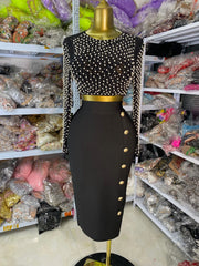 Factory Wholesale Women Wedding Party Guest Dress Long Sleeve Pearls Studded Crop Top And Long Bandage Skirt Two Piece Sets