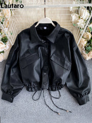 Lautaro Women's Short PU Leather Jacket – Black, Lightweight & Soft | Puff Sleeve, Casual Loose Fit