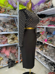 Factory Wholesale Women Wedding Party Guest Dress Long Sleeve Pearls Studded Crop Top And Long Bandage Skirt Two Piece Sets