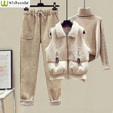 Women's Suit Lamb Wool Vest Thickened Cashmere Sweater High Waist Casual Woolen Trousers Three Piece Set
