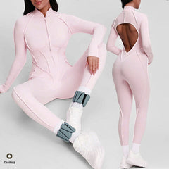 Pad Zipper Yoga Set Sports Fitness Hollow Back Skinny Women One-Piece Jumpsuits Workout Legging Clothing Gym Bodysuit XP83
