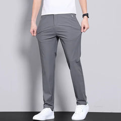 Ultra-thin Elastic Men's Casual Trousers Summer Quick-drying Ice Silk Slim Straight Business Solid Color Trousers Black Gray