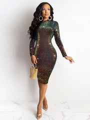 Sexy Women's Sequin Mid Length Dress Nightclub Party Long Sleeved Round Neck Slim Fit Banquet Club High Waisted Pencil Skirt
