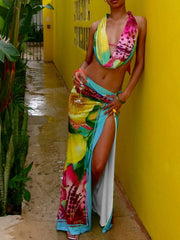 Weird Puss Colorful Leopard Women 2 Piece Set Beach Vacation Halter Tank Tops+Wrapped Maxi Skirts Matching Vacation Clubwear