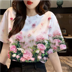 Ladies Casual Fashion Loose Simplicity Elegant Trendtemperament O-neck Printing Short New Style pullover top tee