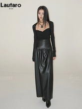 Lautaro-Women's Black Maxi Soft PU Leather Skirt, High Waist, Extra Long, Hot Girl, Luxury Designer Clothes, Elegant, Spring