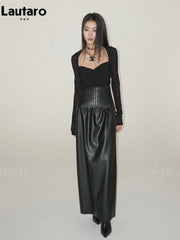 Lautaro-Women's Black Maxi Soft PU Leather Skirt, High Waist, Extra Long, Hot Girl, Luxury Designer Clothes, Elegant, Spring
