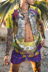 Fashionable Hawaiian printed men's 2-piece set luxurious 3D printed holiday set short sleeved casual beach shirt 2-piece men's
