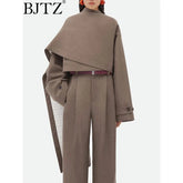 BJTZ Solid Patchwork Button Chic Coats For Women Scarf Collar Long Sleeve Asymmetrical Temperament Jacket Female Style