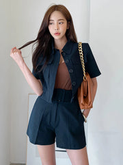 New Fashion Style Summer Women 2 Pieces Outfit Suit Formal Casual Short Cropped Tops Shirt Blouse And Shorts Slim Set