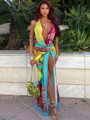 Weird Puss Colorful Leopard Women 2 Piece Set Beach Vacation Halter Tank Tops+Wrapped Maxi Skirts Matching Vacation Clubwear