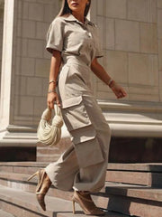 Beautyblue Women Cargo Jumpsuits Summer Business Casual Outfits Buttoned Pockets Lapel Loose Elegant Khaki Cargo Romper Female