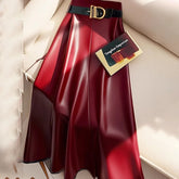 High end goddess style high-end red PU skirt for women new Leather midi skirt, mid length umbrella skirt