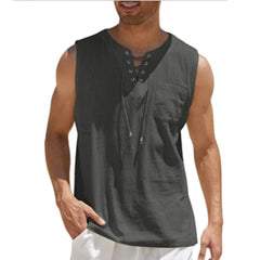 Men’s Sleeveless Casual Vest – Retro V-Neck, Lace-Up Front, Solid Color, Comfortable Loose Fit
