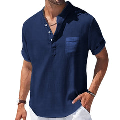 Men’s Summer Linen Shirt – Stand Collar Short Sleeve Casual Top with Pocket