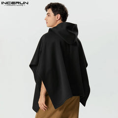 2025 Men Cloak Coats Solid Color Hooded Button Irregular Trench Ponchos Streetwear Loose Fashion Casual Male Cape S-5XL INCERUN
