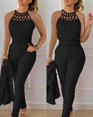 Two Piece Set Women Outfit Fashion Hollow Out Round Neck Sleeveless Tank Top & Casual Pocket Daily Pants Set