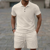 Men's suit Solid color threaded corduroy short sleeve lapel top jacquard polo shirt drawstring shorts men's suit