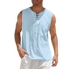 Men’s Sleeveless Casual Vest – Retro V-Neck, Lace-Up Front, Solid Color, Comfortable Loose Fit