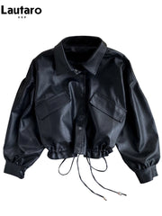 Lautaro Women's Short PU Leather Jacket – Black, Lightweight & Soft | Puff Sleeve, Casual Loose Fit